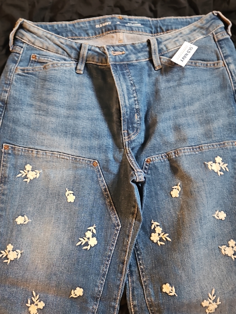 Old Navy Blue Straight-Leg Jeans with Cream Floral Embroidery
